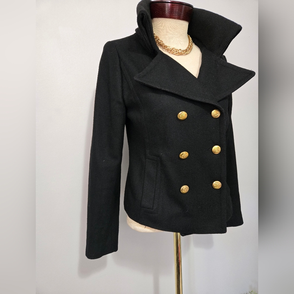MAX MARA Virgin Wool Cropped Black Peacoat. Gold Buttons, High Ribbed Collar. M - Picture 2 of 12
